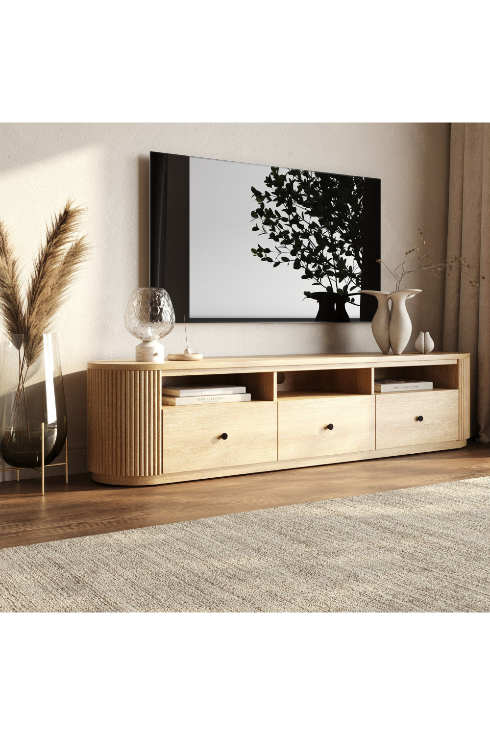 3-Drawer Natural Acacia TV Stand | OROA Modern Jacobson