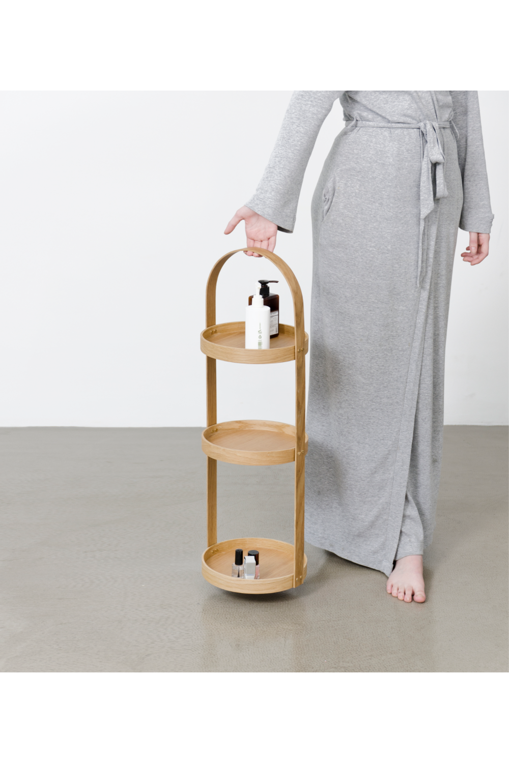 3 Tray Round Oak Storage Caddy | Wireworks Mezza